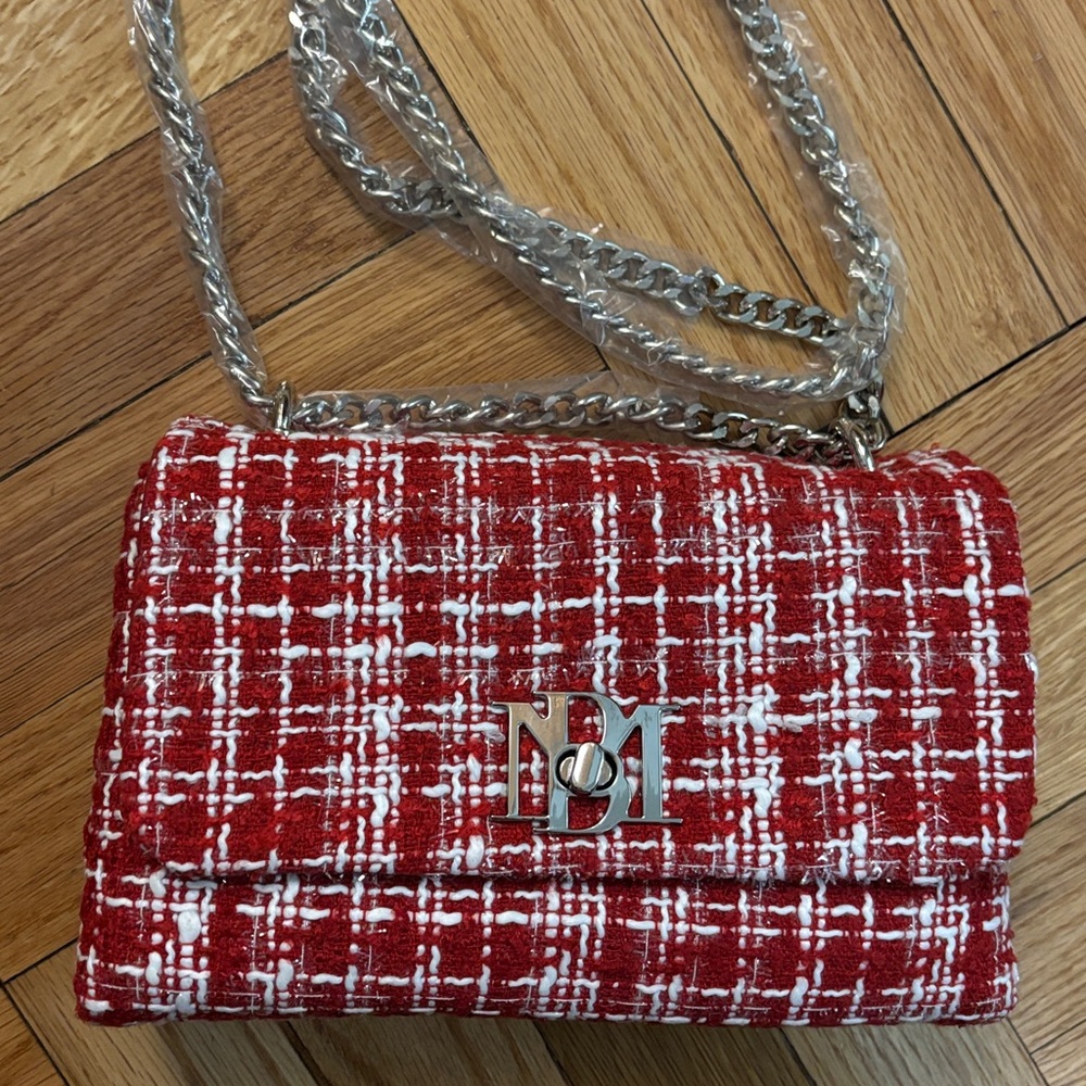 Badgley Mischka Red and White Tweed Clutch